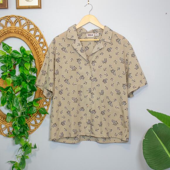 Vtg Nautical Print Shirt Anchor Sailboat Camp Collar Button 90s Top Soft Autumn - Picture 3 of 5